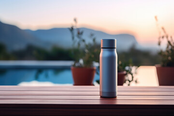 Water bottle mockup. Metal flask on wooden table beside a swimming pool under sky. Reusable mock up amidst the beauty of a mountainous terrain