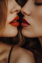 Fototapeta premium Closeup of pair women mouths kissing 