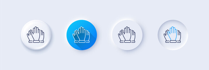 Vote hands line icon. Neumorphic, Blue gradient, 3d pin buttons. Election voting sign. Volunteers or referendum symbol. Line icons. Neumorphic buttons with outline signs. Vector