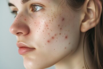 Close-up side view of woman face with skin acne	