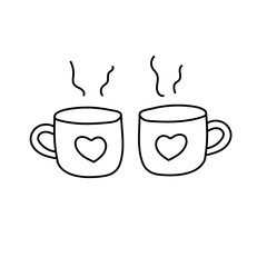 Paired mugs with hearts in doodle style.