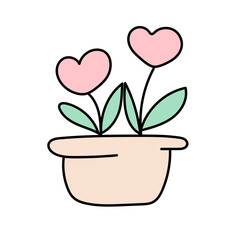 Flowers in a pot with hearts in doodle style