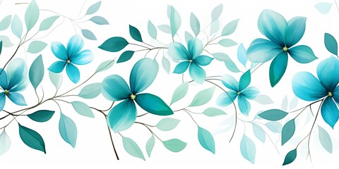 Fototapeta na wymiar Turquoise flower petals and leaves on white background seamless watercolor pattern spring floral backdrop 