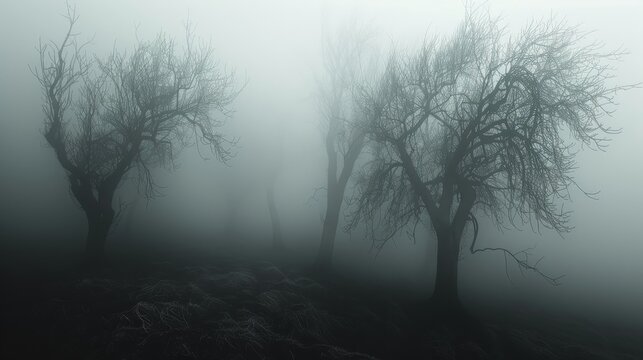 Eerie foggy forest  realistic monochrome landscape with detailed bare trees in high contrast