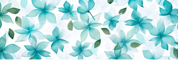 Fototapeta na wymiar Turquoise flower petals and leaves on white background seamless watercolor pattern spring floral backdrop 