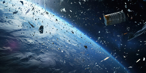 Fototapeta premium Space debris orbiting Earth, a stunning depiction of manmade objects floating in space with our planet as a backdrop