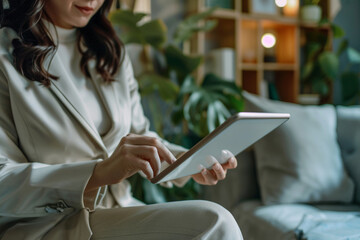 Businesswoman using a tablet sitting in the living room