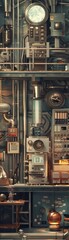 Detailed, realistic scene of a 1950s science lab with atomic-era gadgets and quantum computers