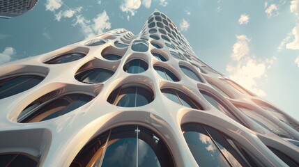 Retro futuristic architecture. 1960s-inspired skyscraper with curves and glass domes