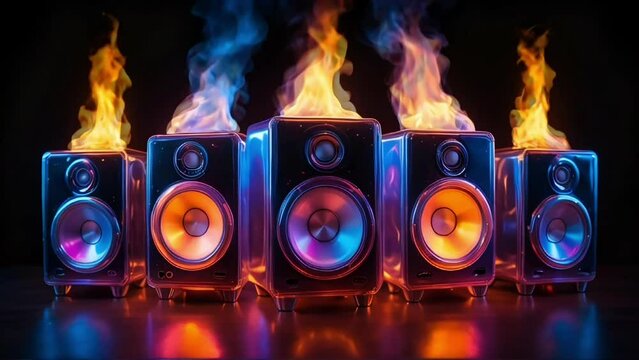 vintage glasscore speaker surrounded by fire, burning speakers on black background with neon glow effects