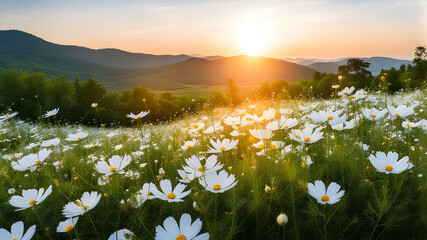 Beautiful nature with white blooming cosmos flower in soft sunrise - obrazy, fototapety, plakaty