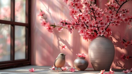 Fototapeta premium Pink ceramic plates decorated with fresh spring sakura or cherry blossom flowers and branches isolated on a simple background. Generative AI.