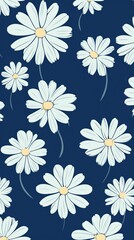 Navy Blue and white daisy pattern, hand draw, simple line, flower floral spring summer background design with copy space for text or photo backdrop 