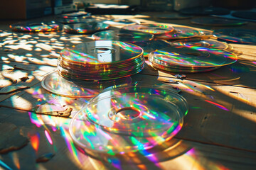 Stack of Compact Discs Illuminated by Sunlight on Wooden Table in Music Collection Concept