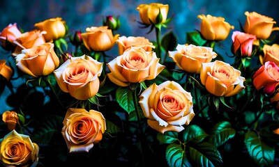 Background texture of romantic orange roses with leaves, natural texture with fresh flower buds