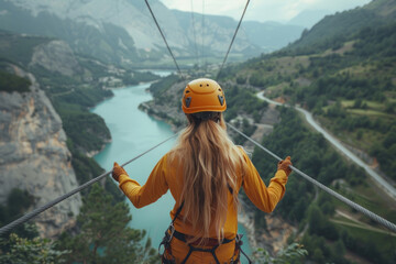 A girl walks along a suspension bridge over a mountain gorge with a belay holding the cable with her hands
