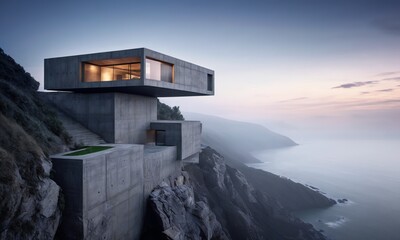 square building is perched on a rocky cliff above the fog ocean