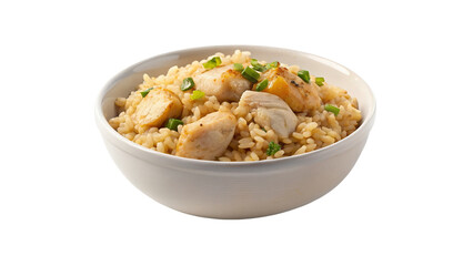 White bowl of chicken rice isolated on transparent background