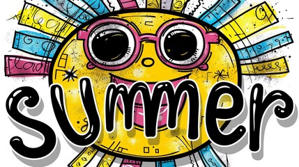 yellow sun with pink sunglasses and colorful rays, surrounded by the word "Summer" in bold black letters