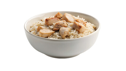 White bowl of chicken rice isolated on transparent background