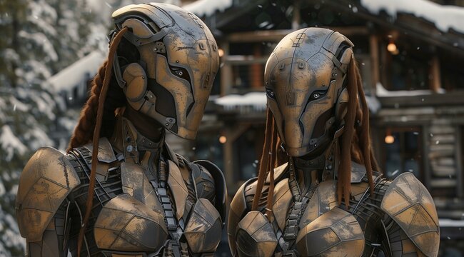 cinematic shot of two beautiful female cyborgs with long hair wearing intricate copper and black armor, standing in front of the log cabin at a snowy mountain