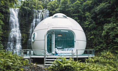 Unique egg-shaped house standing near a roaring waterfall.
