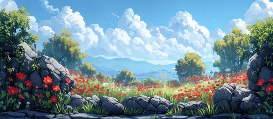 Fotobehang An art piece depicting a natural landscape with a field of red flowers surrounded by rocks, trees, and a cloudy sky © AkuAku