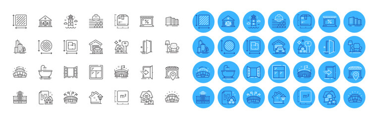 Armchair, Street light and Lighthouse line icons pack. Floor plan, Door, Sports arena web icon. Square area, Entrance, Package size pictogram. Open door, Garage, Hospital building. Vector