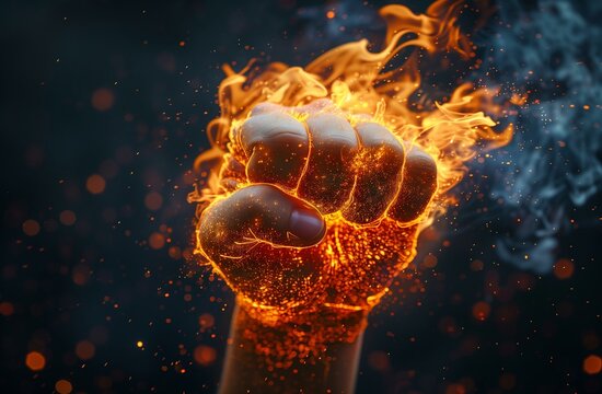 A burning fist in the air, with flames engulfing it, creating an intense and powerful visual effect