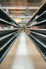 Empty shelves in grocery store. Supermarket with empty shelves after panic shopping during crisis	