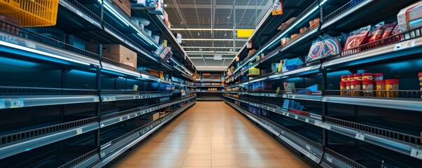 Empty shelves in grocery store. Supermarket with empty shelves after panic shopping during crisis	