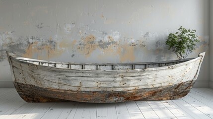 Fototapeta premium An antiquated wooden vessel with vegetation protruding from its sides is positioned in a chamber featuring white flooring