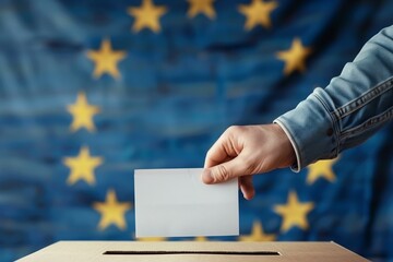 European Union elections concept image background, ballot box with EU flag colors and stars and hand holding a ballot paper voting	