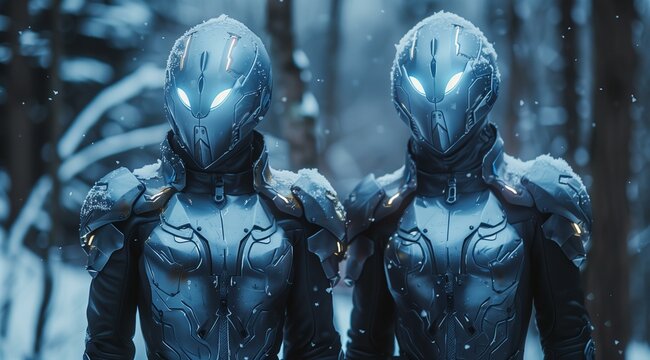 Two humanoid cyborgs in silver blue armor, with glowing eyes and silver metallic skin, standing side by side, facing the camera in a snowy environment