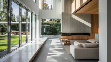 Modern living room with open space design, large windows, wooden walls, and minimalist furniture, showcasing a blend of natural light and contemporary architecture.