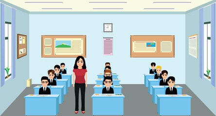 female teacher and middle school (or high school) students in classroom