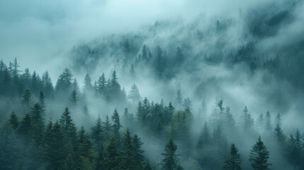   A forest filled with trees covered in fog and smoky in haze - obrazy, fototapety, plakaty