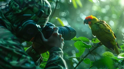 Fototapeten Photorealistic wildlife photographer capturing vibrant bird in lush jungle setting © RECARTFRAME CH