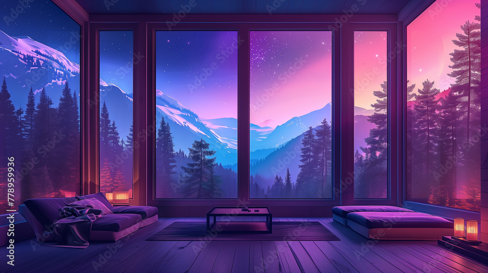Canvas Prints cozy modern living room interior at twilight with panoramic view of mountains and forest landscape,  - Canvas Prints