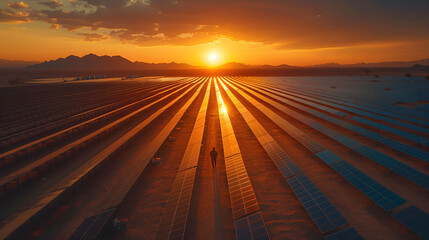 Aerial view of  photovoltaic power plant in the desert at sunset - obrazy, fototapety, plakaty