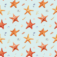 Fototapeta na wymiar Watercolor seashell seamless pattern. Underwater creatures, crab, starfish, sea shell, coral, nautical Design wallpaper