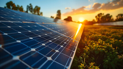 Close-up of solar power plant at sunset - obrazy, fototapety, plakaty
