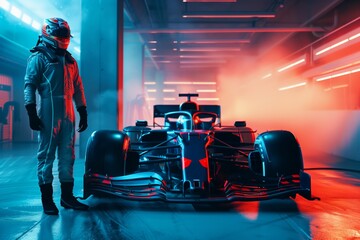 Obraz premium Formula 1 driver standing next to formula 1 car 