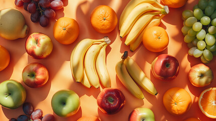 Assorted fresh fruits including bananas, apples, oranges, and grapes arranged on a vibrant red...