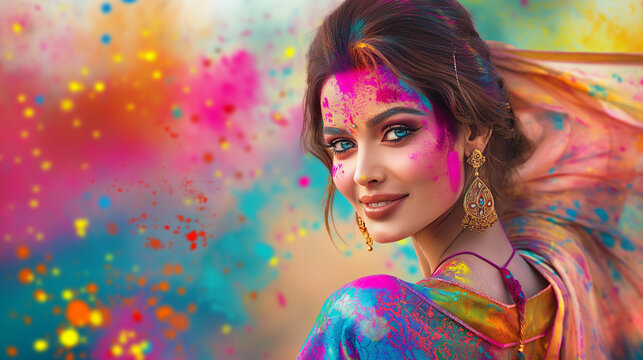 Beautiful of Holi model over colorful background, Illustration.