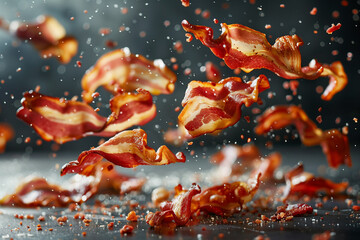 Fototapeta na wymiar Crispy bacon slices tossed in the air with spices and pepper falling around, captured in high-speed photography against a dark background.