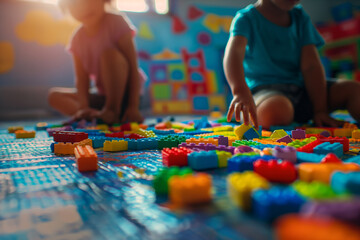 Close-up of colorful wooden cubes for children Children playing with wooden toys, playing and learning concept background