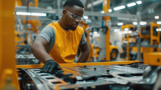 African man working on a machine in an industrial factory setting