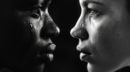 Black and white close-up of two individuals facing each other, one with a tear on their cheek, depicting strong emotions and contrast.