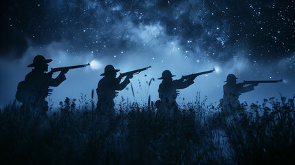 Silhouettes of armed soldiers against a night sky with stars, depicting military action or...